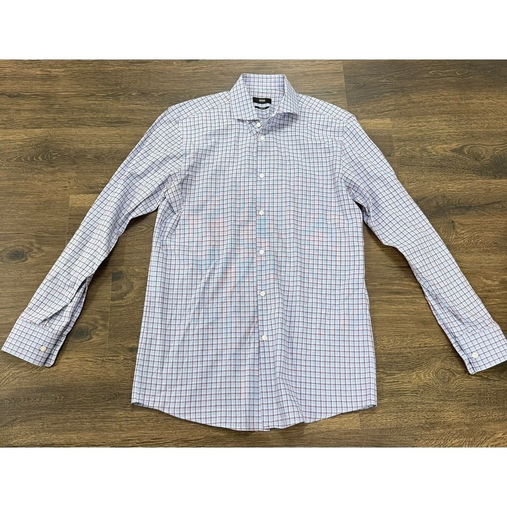BOSS Hugo Boss Men's Sharp Fit Blue Red Window Check Dress Shirt 15.5 32/33